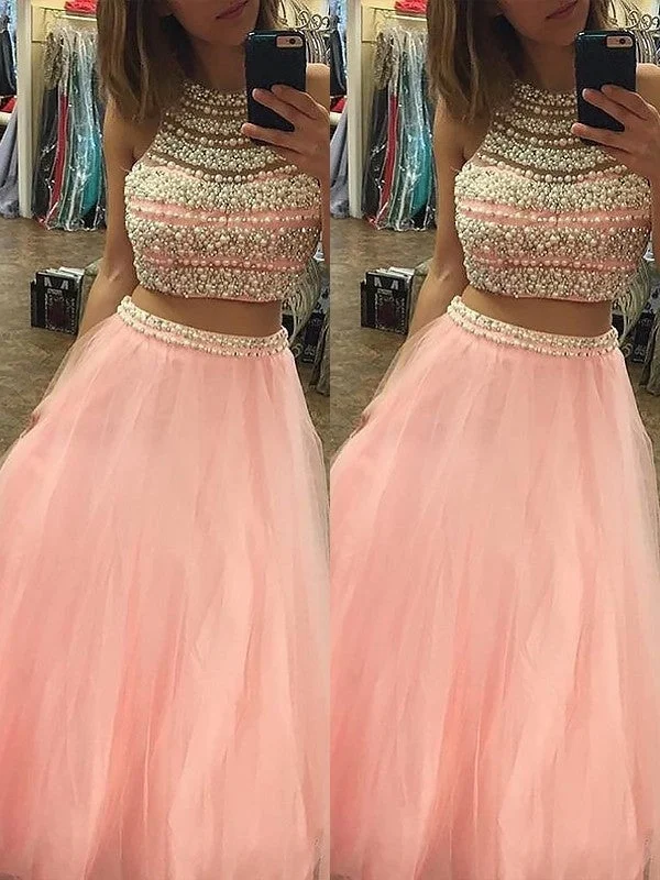 evening gown for women-A-Line/Princess Halter Sleeveless Tulle Floor-Length Beading Two Piece Dresses