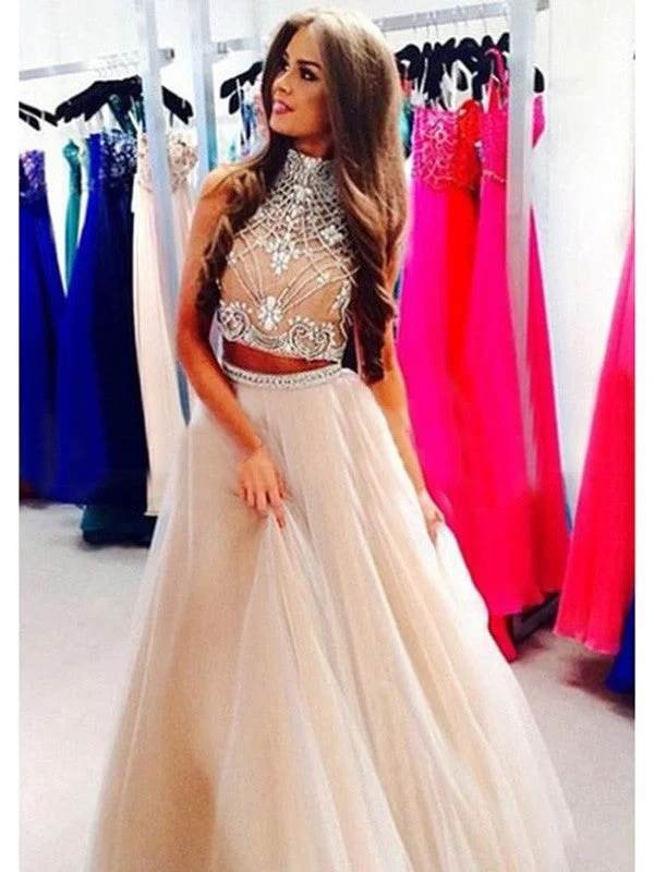 stylish evening dress-A-Line/Princess High Neck Sleeveless Beading Tulle Floor-Length Dresses