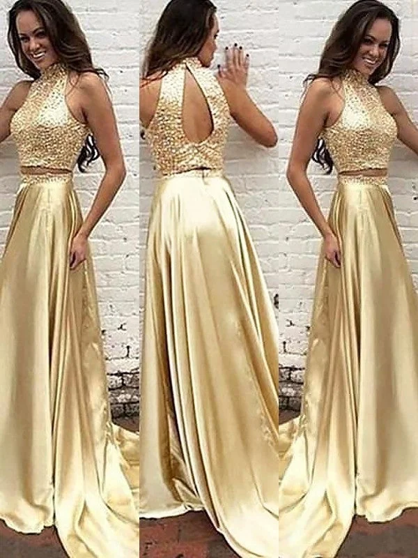 peplum evening dress-A-Line/Princess High Neck Sleeveless Satin Sweep/Brush Train Beading Two Piece Dresses