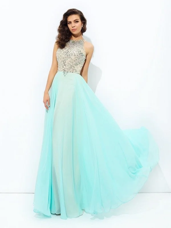 elegant evening attire-A-line/Princess Jewel Beading Sleeveless Long Chiffon Dresses