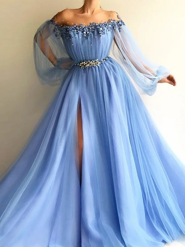 floor-length evening dress-A-Line/Princess Long Sleeves Off-the-Shoulder Tulle Beading Floor-Length Dresses