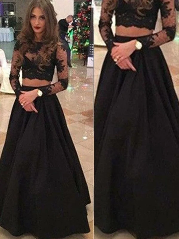 long evening dress-A-Line/Princess Long Sleeves Scoop Floor-Length Lace Dresses