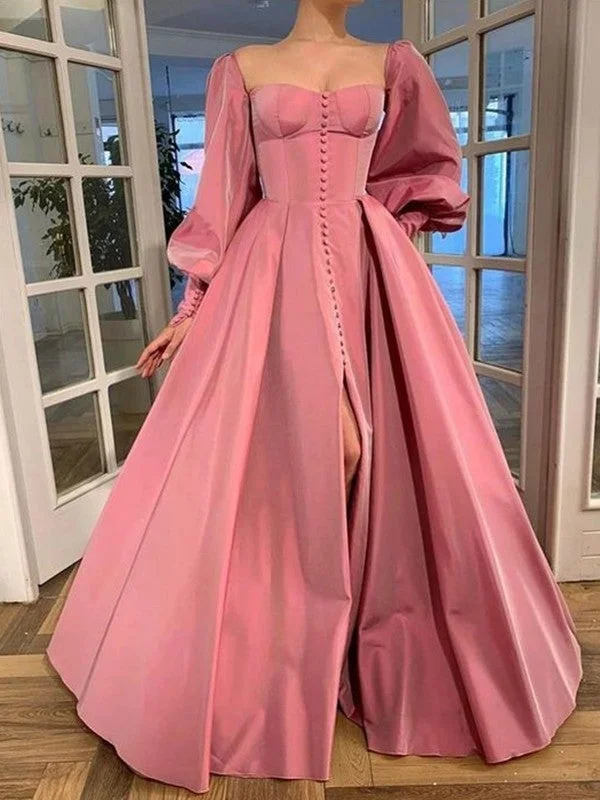 satin evening gown-A-Line/Princess Long Sleeves Square Ruffles Satin Floor-Length Dresses