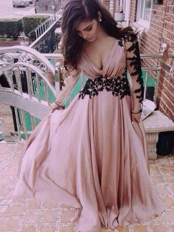 evening dress with illusion back-A-Line/Princess Long Sleeves V-neck Chiffon Applique Floor-Length Dresses