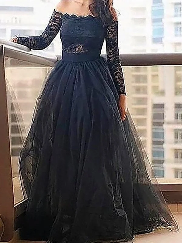 elegant evening attire-A-Line/Princess Off-the-Shoulder Long Sleeves Lace Floor-Length Tulle Dresses