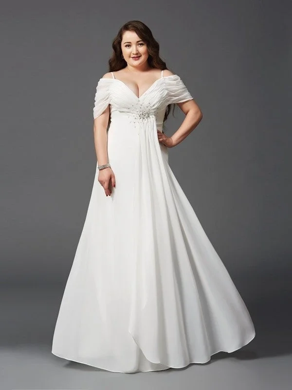 evening dress for weddings-A-Line/Princess Off-the-Shoulder Ruched Short Sleeves Long Chiffon Plus Size Dresses