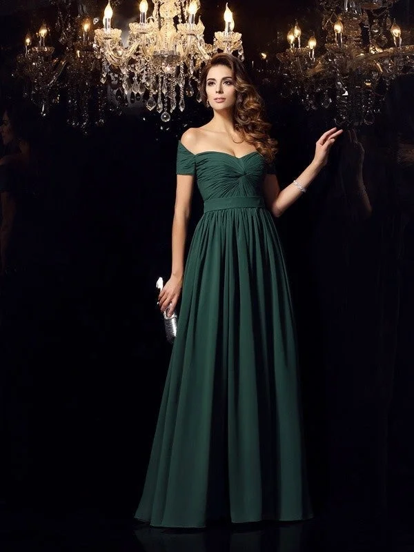 satin evening dress-A-Line/Princess Off-the-Shoulder Ruched Sleeveless Long Chiffon Dresses