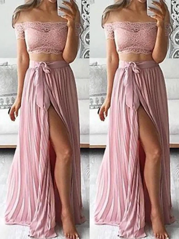 elegant evening dress-A-Line/Princess Off-the-Shoulder Sleeveless Chiffon Floor-Length Lace Two Piece Dresses