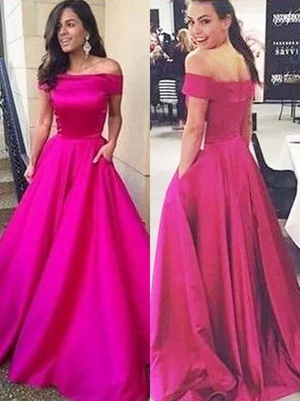 sequined evening dress-A-Line/Princess Off-the-Shoulder Sleeveless Sweep/Brush Train Ruffles Satin Dresses