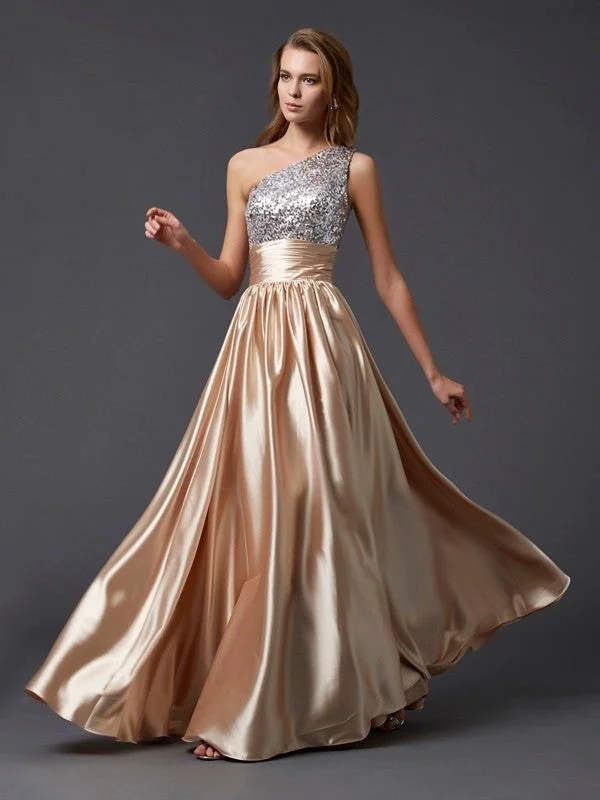 elegant evening wear-A-Line/Princess One-Shoulder Sleeveless Paillette Long Elastic Woven Satin Dresses