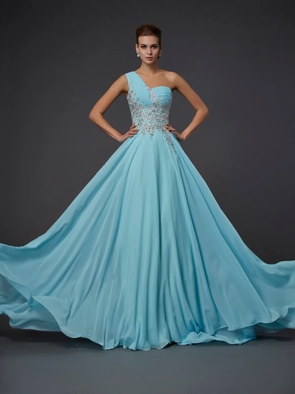 evening dress with sleeves-A-Line/Princess One-Shoulder Sleeveless Ruffles Long Chiffon Dresses