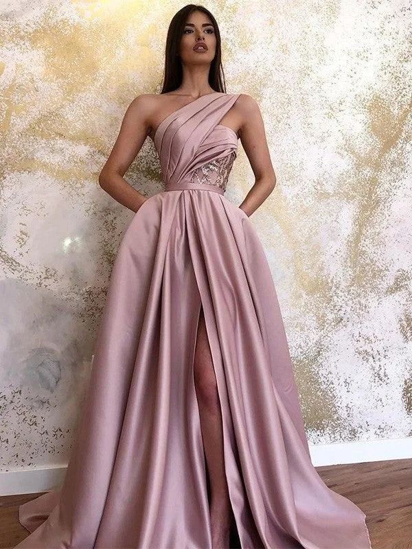 tulle evening dress-A-Line/Princess Satin Sleeveless Ruched One-Shoulder Sweep/Brush Train Dresses