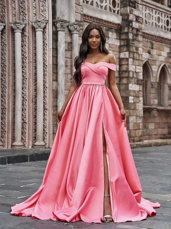 vintage evening dress-A-Line/Princess Satin Sleeveless Ruffles Off-the-Shoulder Court Train Dress