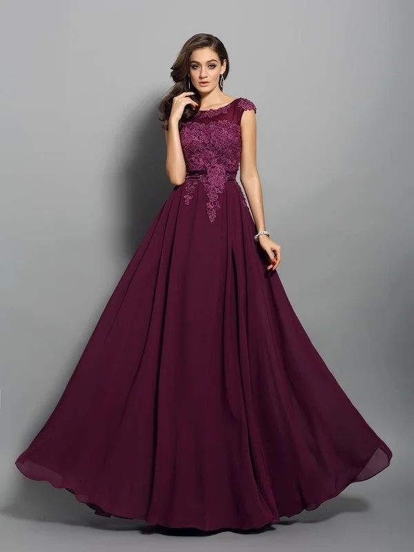 flared evening dress-A-Line/Princess Scoop Applique Sleeveless Long Chiffon Dresses