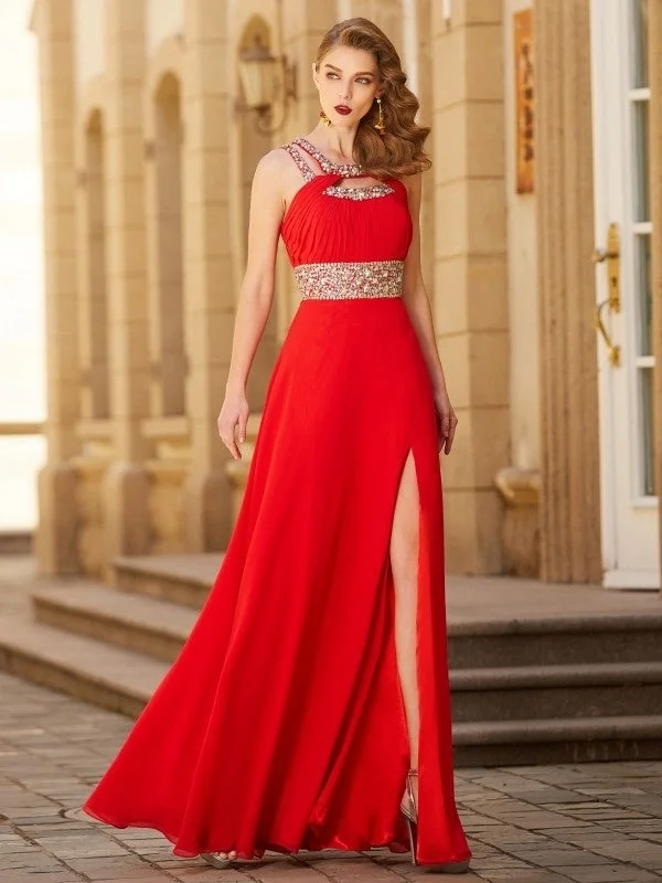 evening dress with cape-A-line/Princess Scoop Beading Sleeveless Floor-length Chiffon Dresses