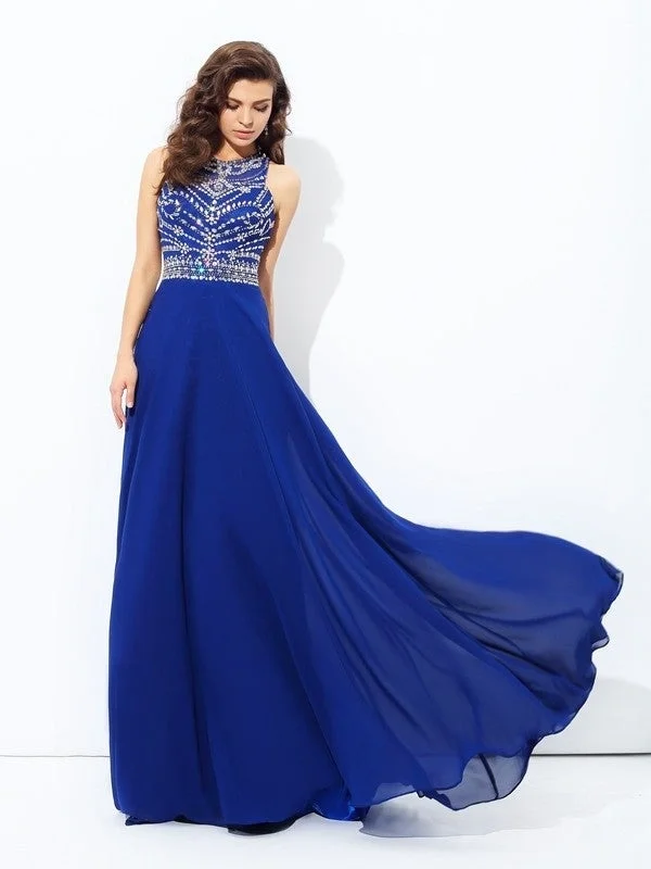 elegant lace evening dress-A-line/Princess Scoop Beading Sleeveless Long Chiffon Dresses