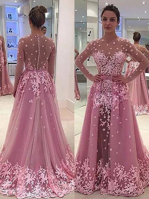 elegant evening gown-A-Line/Princess Scoop Long Sleeves Applique Tulle Floor-Length Dresses