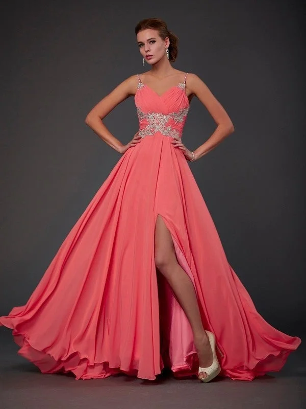 sparkling evening dress-A-Line/Princess Scoop Sleeveless Lace Sweep/Brush Train Chiffon Dresses