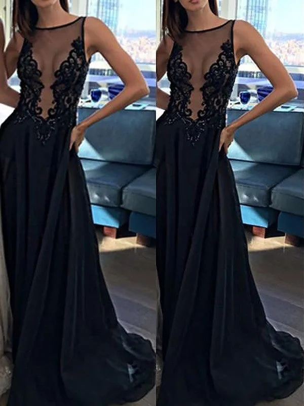 off shoulder evening dress-A-Line/Princess Sleeveless Bateau Chiffon Applique Sweep/Brush Train Dresses