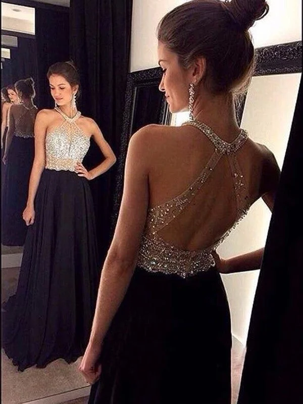 ball gown evening dress-A-Line/Princess Sleeveless Halter Beading Chiffon Sweep/Brush Train Dresses