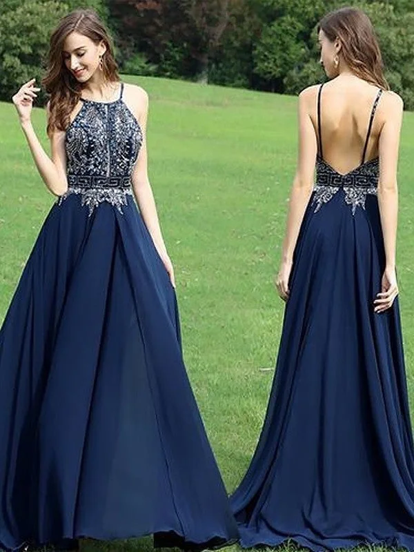 elegant tulle evening dress-A-Line/Princess Sleeveless Halter Chiffon Beading Sweep/Brush Train Dresses