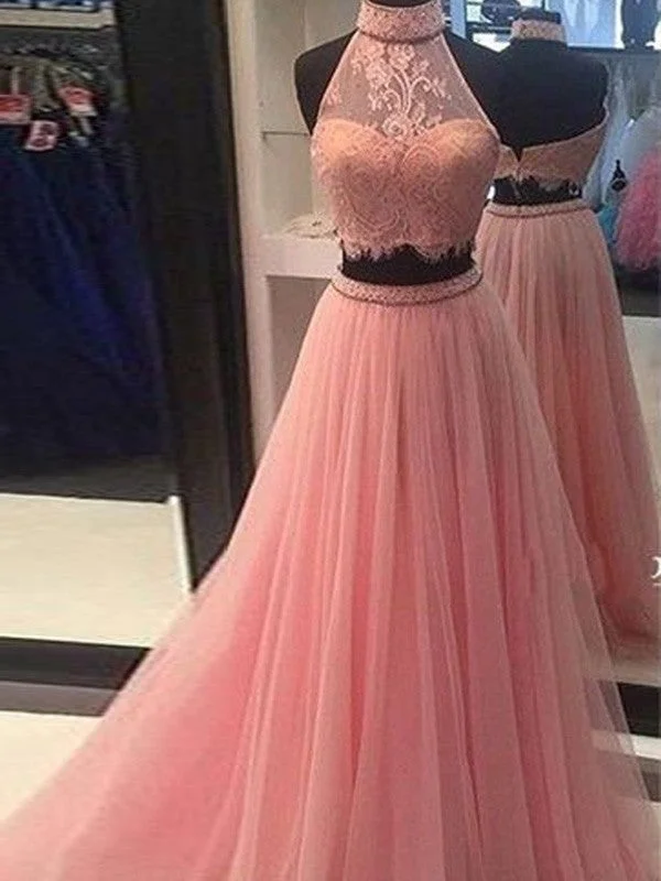 sleeveless evening dress-A-Line/Princess Sleeveless High Neck Tulle Lace Floor-Length Two Piece Dresses