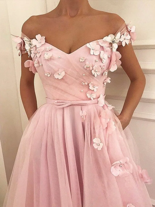 tulle evening dress-A-Line/Princess Sleeveless Off-the-Shoulder Floor-Length Applique Tulle Dresses