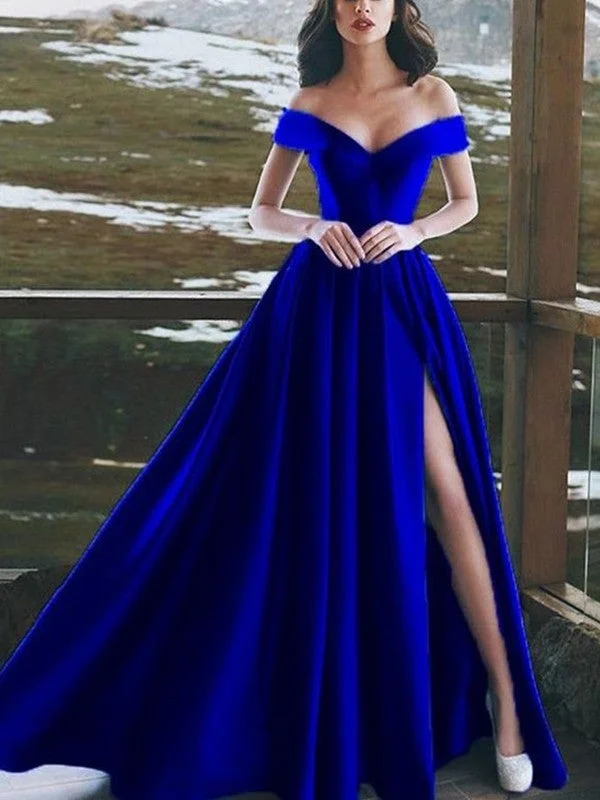 mermaid evening dress-A-Line/Princess Sleeveless Off-the-Shoulder Floor-Length Ruffles Satin Dresses