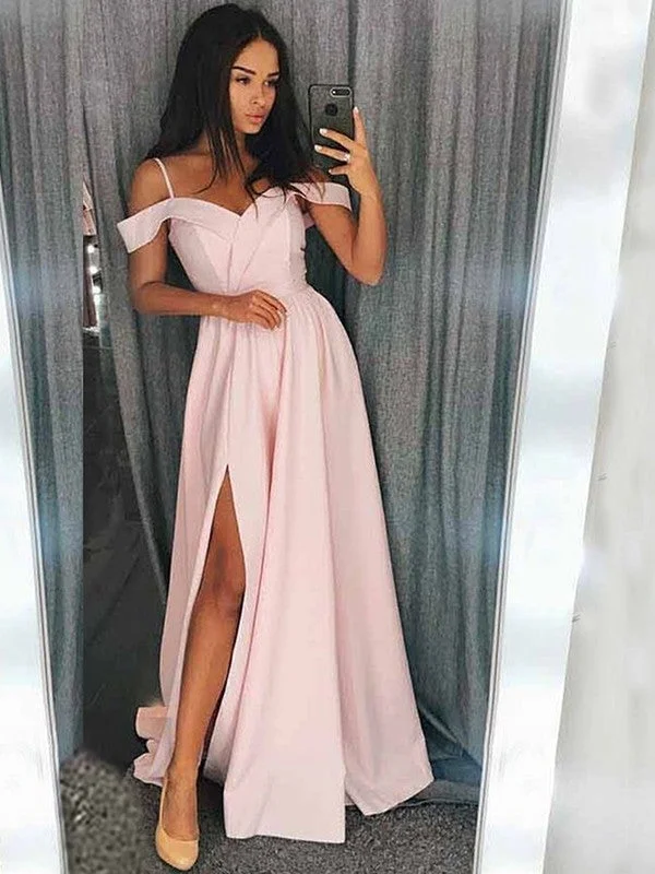 evening dress with illusion neckline-A-Line/Princess Sleeveless Off-the-Shoulder Sweep/Brush Train Ruffles Elastic Woven Satin Dresses