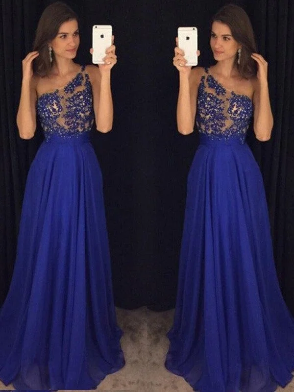 evening dress with illusion back-A-Line/Princess Sleeveless One-Shoulder Floor-Length Beading Chiffon Dresses