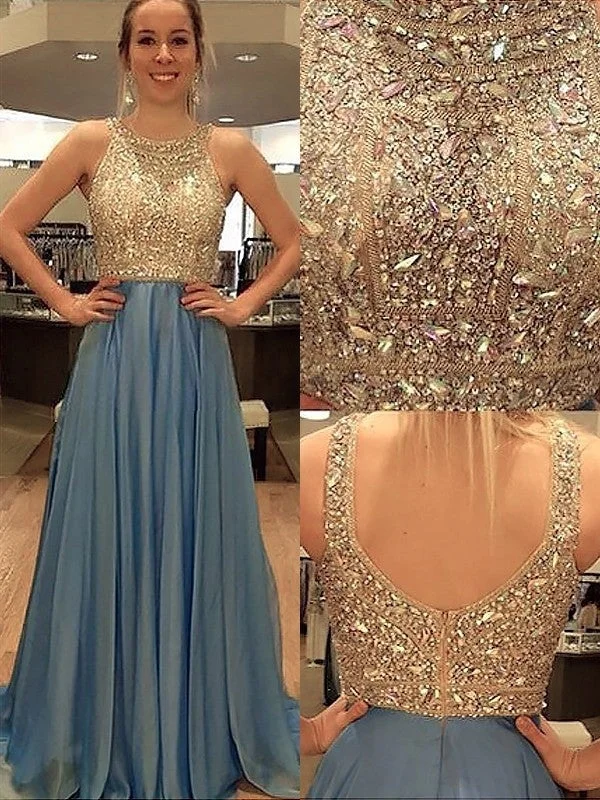 embroidered evening dress-A-Line/Princess Sleeveless Scoop Chiffon Beading Sweep/Brush Train Dresses