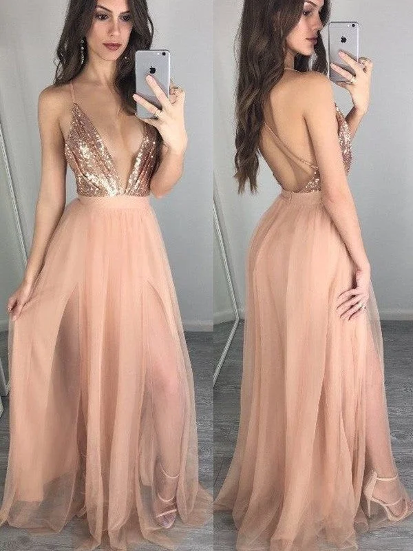 elegant tulle evening dress-A-Line/Princess Sleeveless Spaghetti Straps Chiffon Floor-Length Sequin Dresses