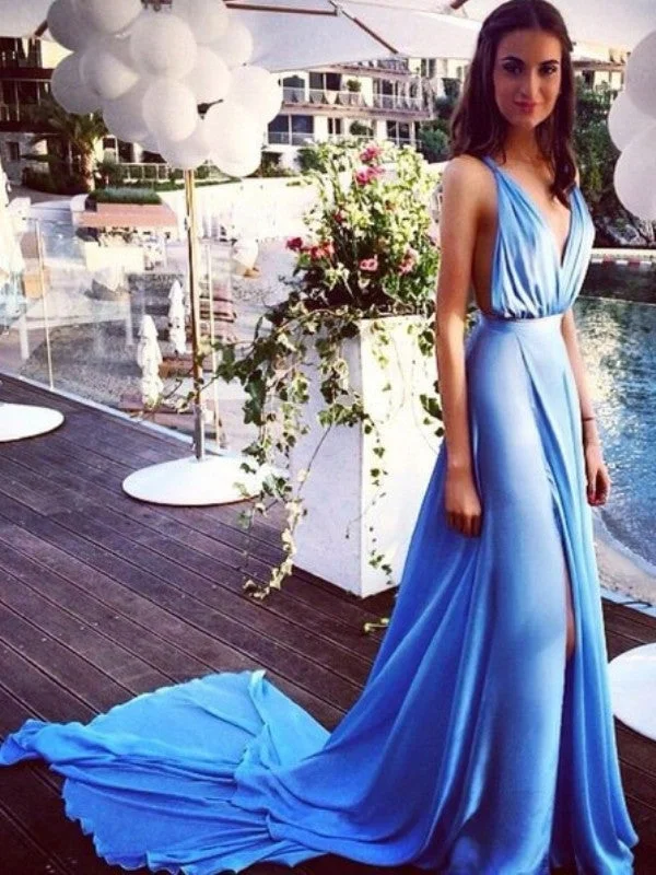 long evening dress-A-Line/Princess Sleeveless Spaghetti Straps Chiffon Pleats Court Train Dresses