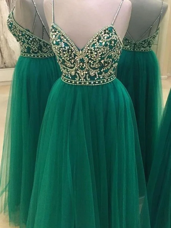 evening dress for prom-A-Line/Princess Sleeveless Spaghetti Straps Tulle Floor-Length Beading Dresses