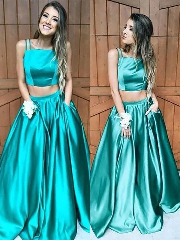 asymmetrical evening dress-A-Line/Princess Sleeveless Square Floor-Length Ruffles Satin Two Piece Dresses