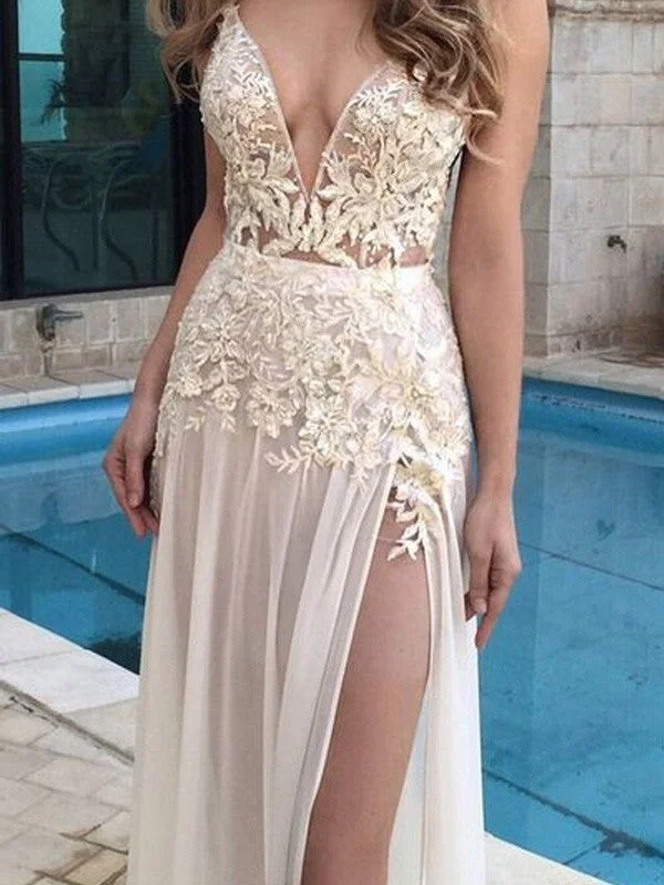 modern evening dress-A-Line/Princess Sleeveless V-Neck Chiffon Applique Floor-Length Dresses