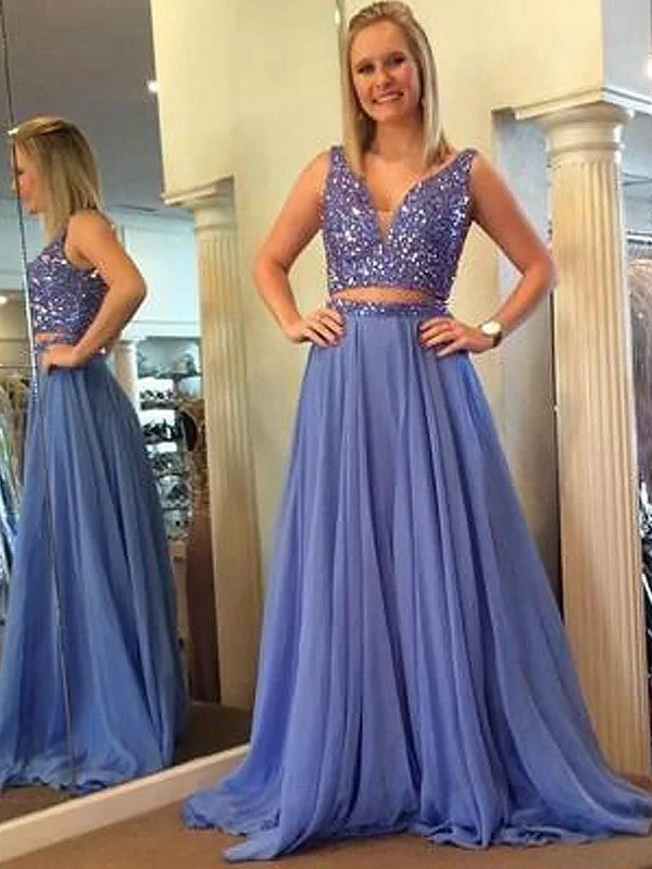 elegant lace evening dress-A-Line/Princess Sleeveless V-neck Chiffon Beading Floor-Length Two Piece Dresses