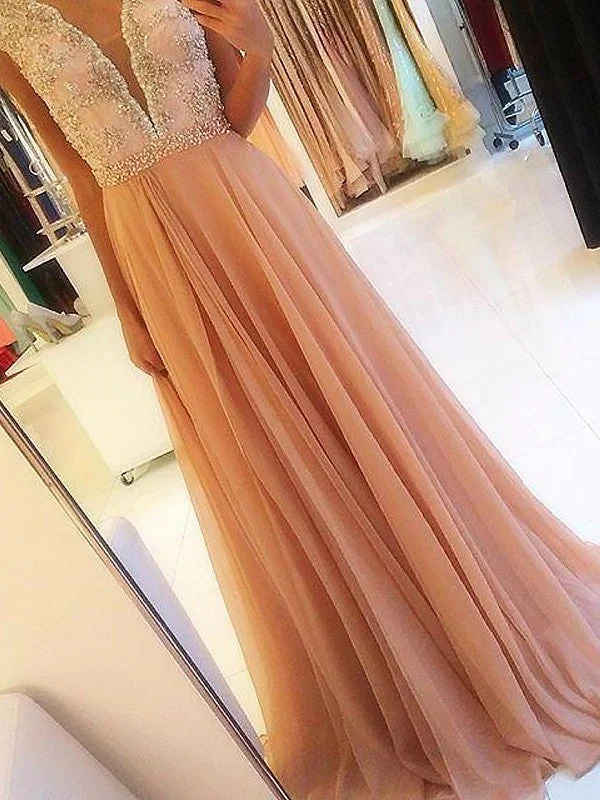 A-line evening dress-A-Line/Princess Sleeveless V-neck Chiffon Beading Sweep/Brush Train Dresses