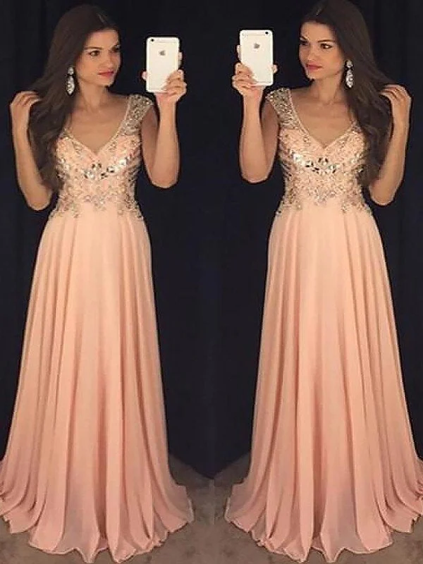 evening dress with appliques-A-Line/Princess Sleeveless V-neck Chiffon Paillette Floor-Length Dresses