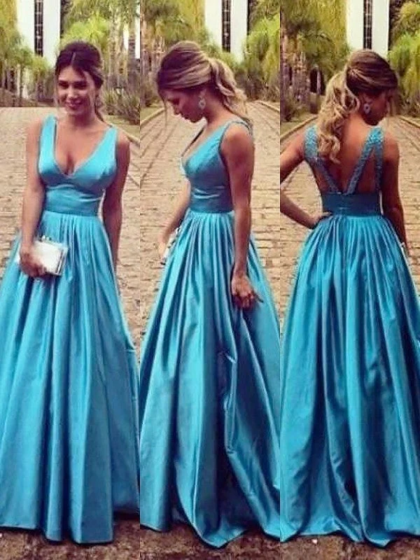 vintage evening dress-A-Line/Princess Sleeveless V-neck Elastic Woven Satin Ruched Floor-Length Dresses