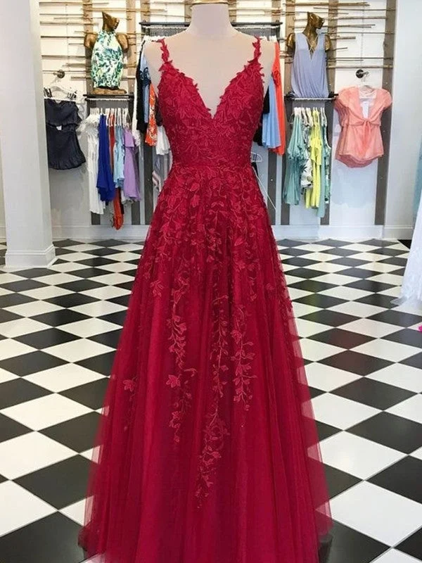 evening dress with slit-A-Line/Princess Sleeveless V-neck Floor-Length Applique Tulle Dresses