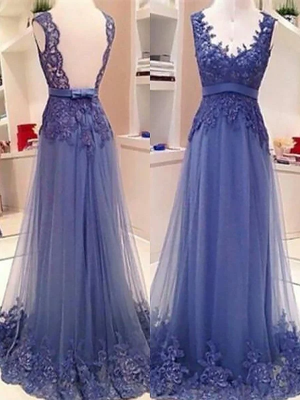 layered evening dress-A-Line/Princess Sleeveless V-neck Tulle Applique Floor-Length Dresses