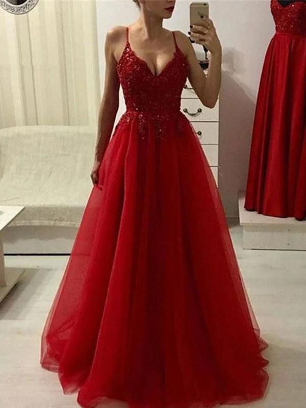 elegant long evening dress-A-Line/Princess Spaghetti Straps Sleeveless Floor-Length Applique Tulle Dresses