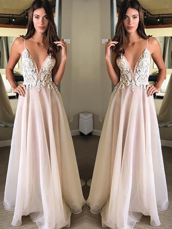 evening dress with lace overlay-A-Line/Princess Spaghetti Straps Sleeveless Sweep/Brush Train Applique Chiffon Dresses