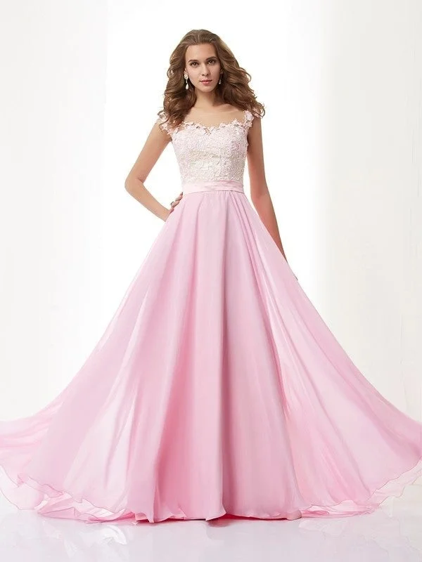 evening dress with sheer sleeves-A-Line/Princess Straps Applique Sleeveless Beading Long Chiffon Dresses