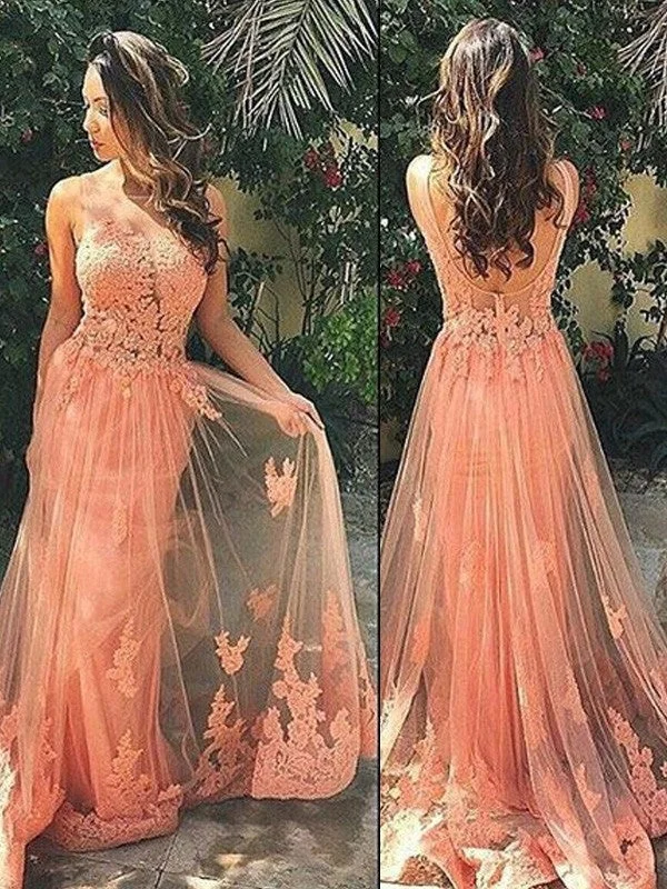 V-neck evening dress-A-Line/Princess Straps Sleeveless Tulle Sweep/Brush Train Applique Dresses