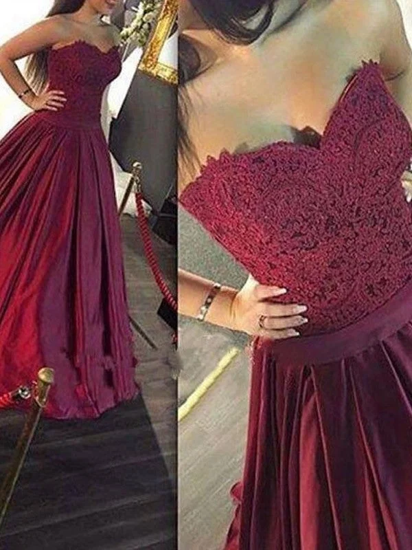 evening dress with sheer sleeves-A-Line/Princess Sweetheart Sleeveless Lace Satin Floor-Length Dresses