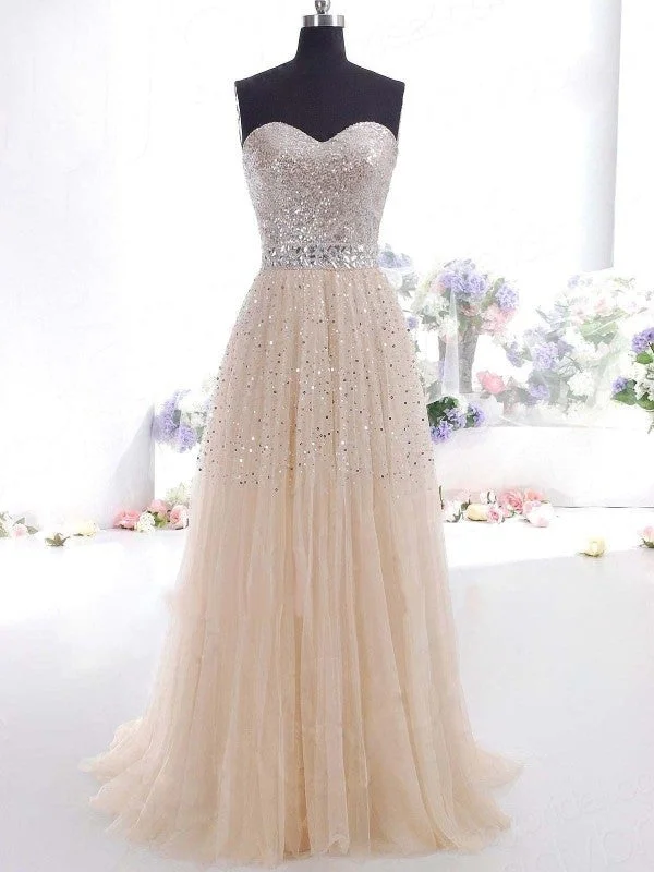 satin evening gown-A-Line/Princess Sweetheart Tulle Sleeveless Sweep/Brush Train Dresses