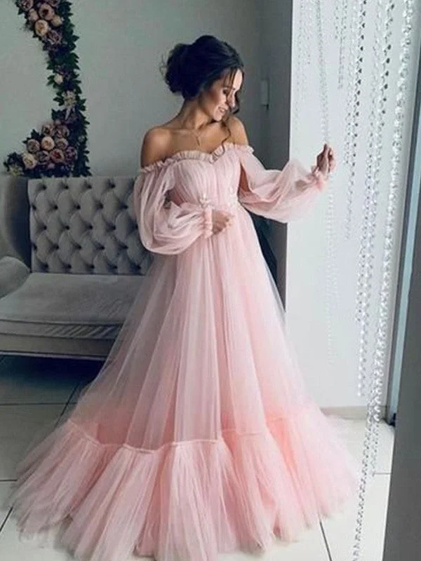 evening dress with belt-A-Line/Princess Tulle Applique Off-the-Shoulder Long Sleeves Floor-Length Dresses