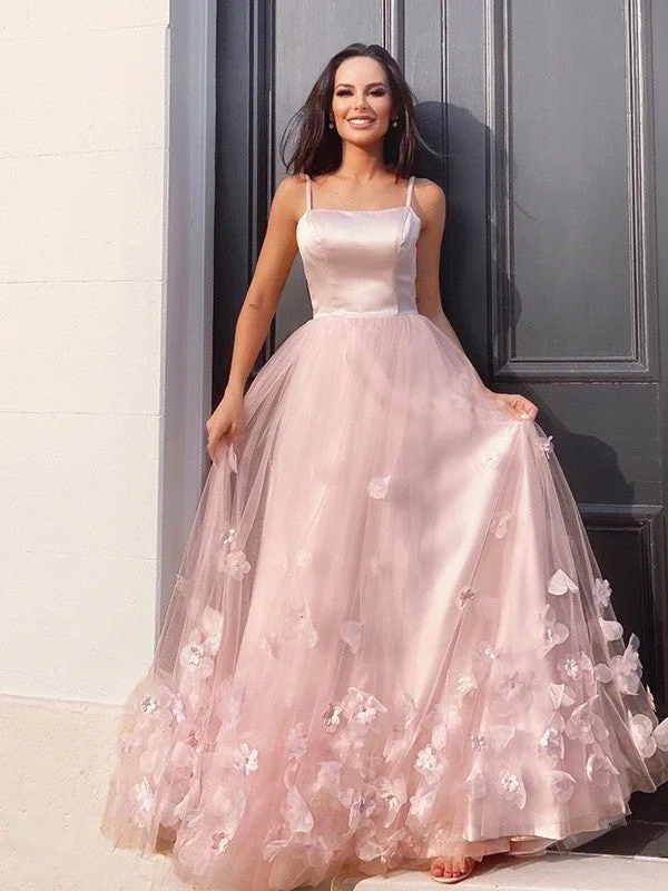 evening dress with high slit-A-Line/Princess Tulle Hand-Made Flower Straps Floor-Length Sleeveless Dresses